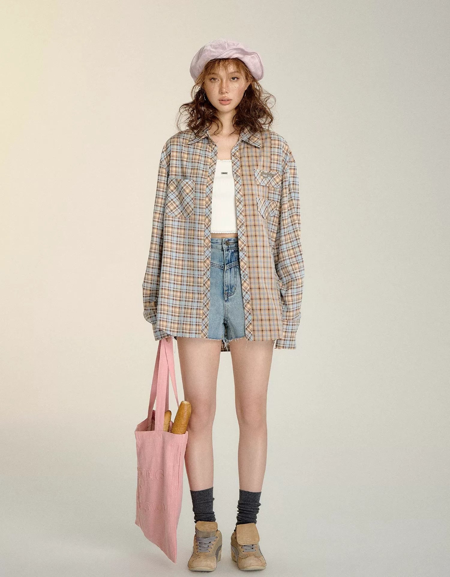 Color-blocked Plaid Oversized Shirt