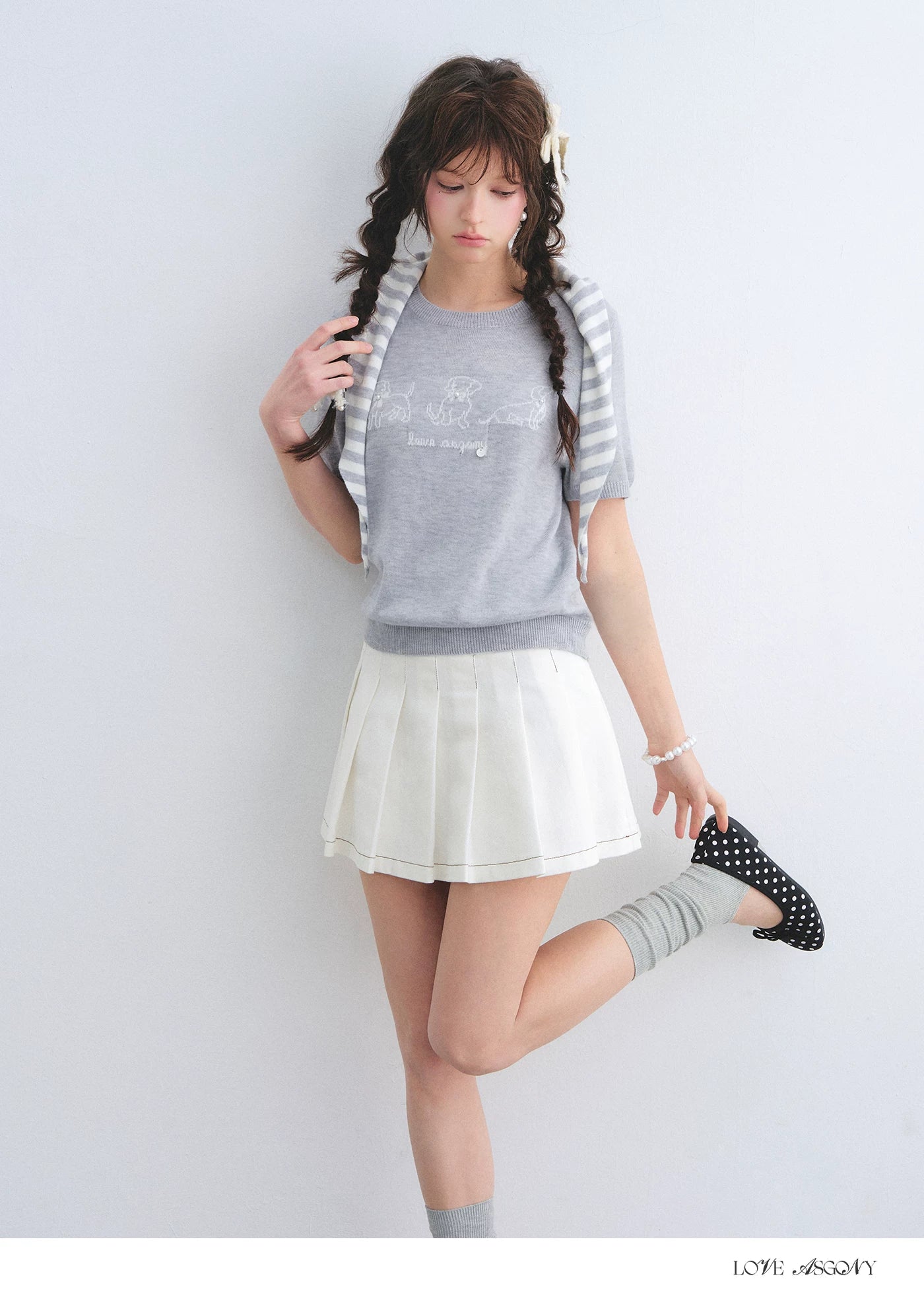 Wool-Blend Jacquard Knit Tee &amp; Striped Shoulder Set