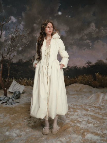 French Tailored Cinched-Waist Long Down Coat