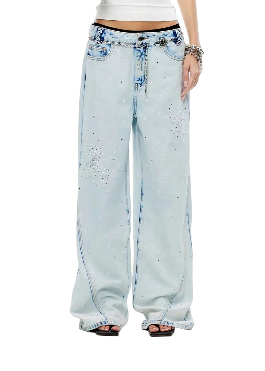 Shimmering Distressed Wide-Leg Jeans