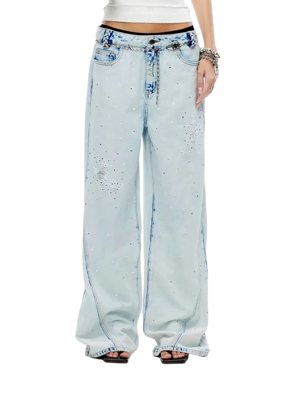 Shimmering Distressed Wide-Leg Jeans