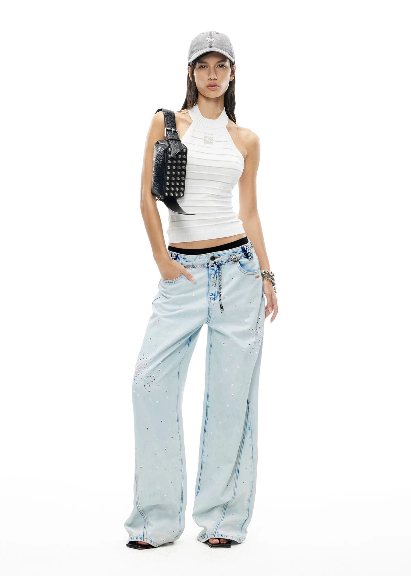 Shimmering Distressed Wide-Leg Jeans