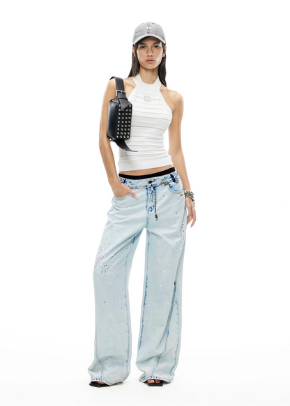 Shimmering Distressed Wide-Leg Jeans