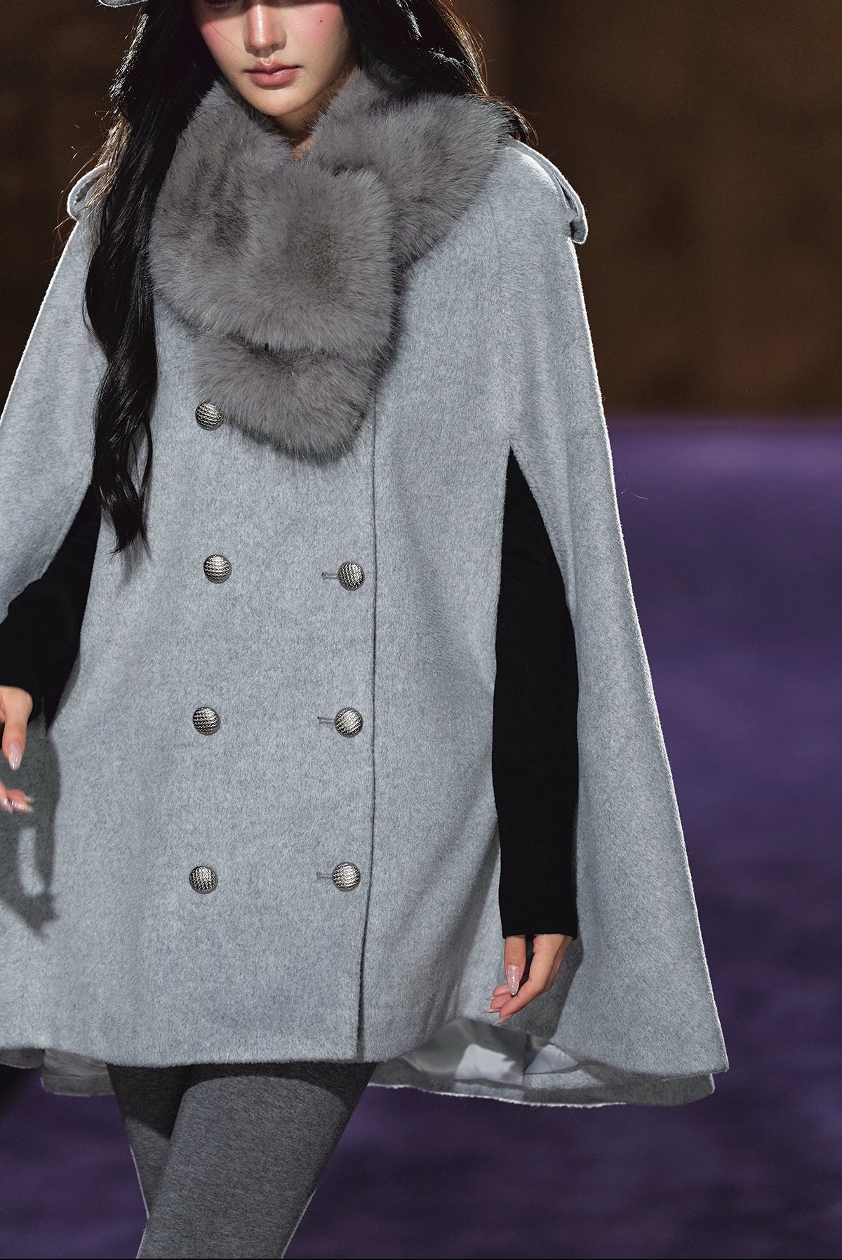 Wool-Blend Detachable Fur-Collar Cape Coat