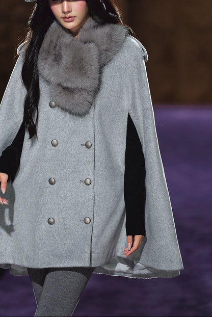 Wool-Blend Detachable Fur-Collar Cape Coat