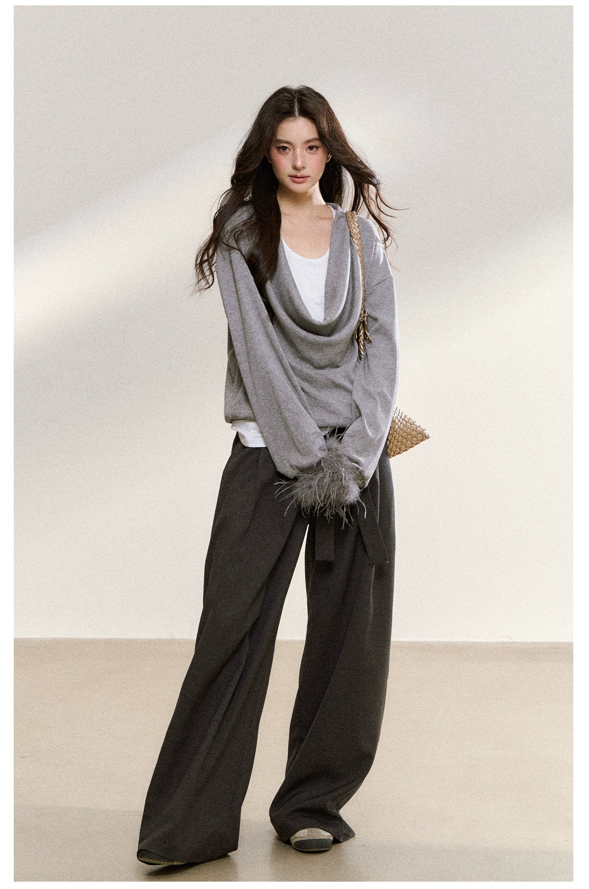 Gray Drape-Neck Fur Cuff Detail Knit Blouse