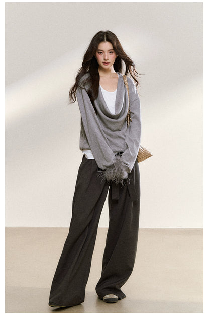 Gray Drape-Neck Fur Cuff Detail Knit Blouse