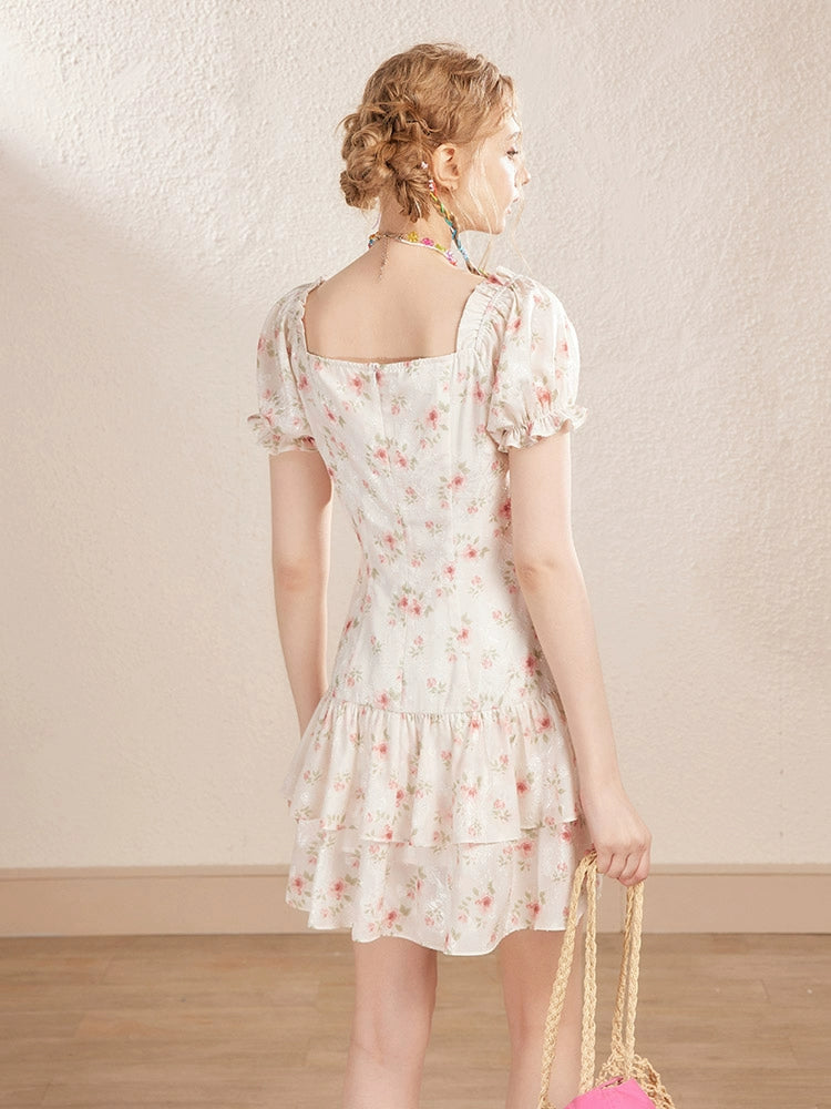 Cream Off-shoulder Puff Sleeve Floral Dress