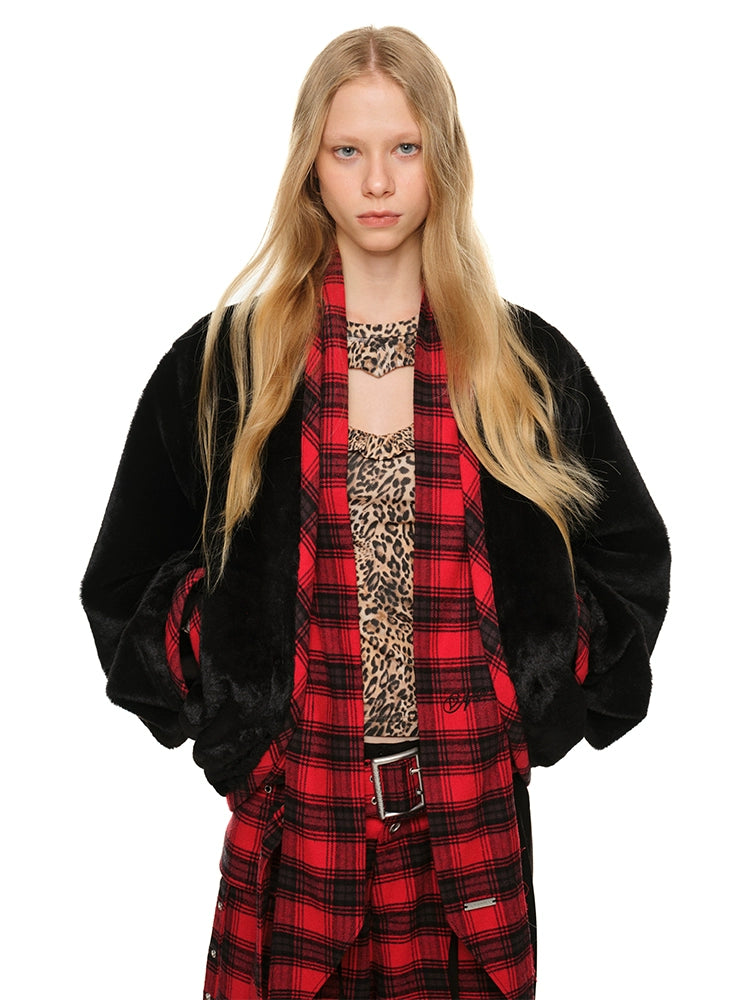 Short Color-Block Rabbit Fur Tie Jacket