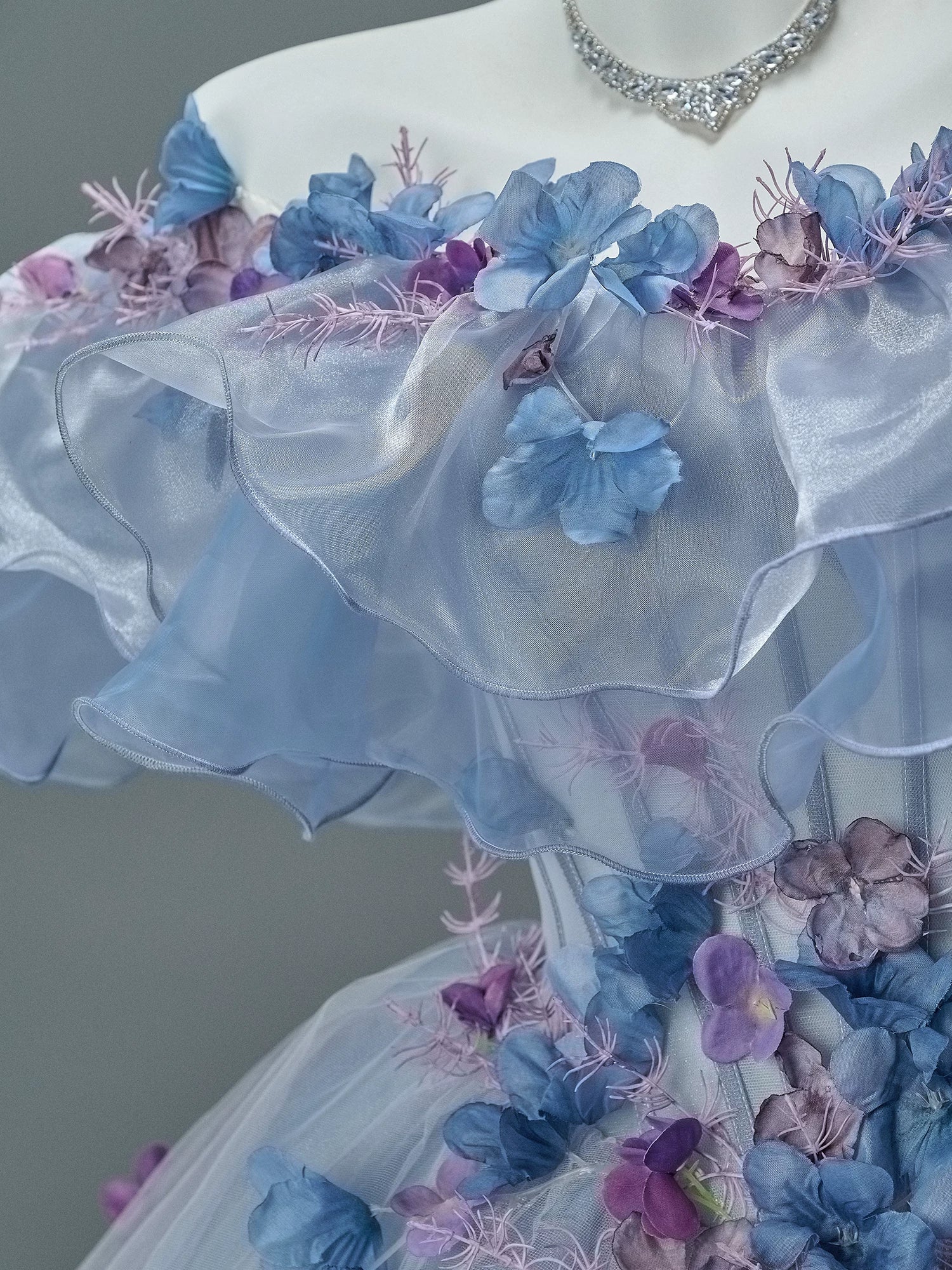 Off-Shoulder Floral Appliqué Tulle Couture Gown