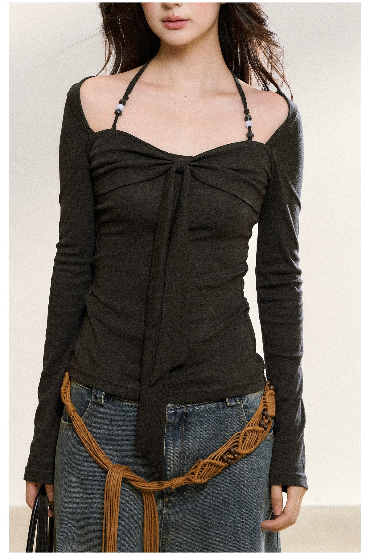 Gray Beaded Halter Bow-Knot Fitted Knit Blouse - CHINASQUAD