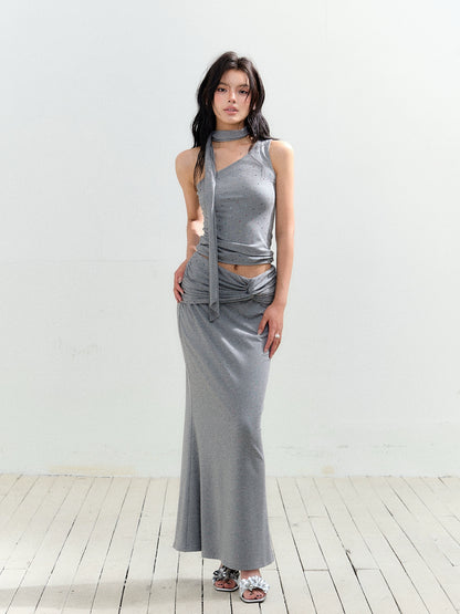 Rhinestone One-Shoulder Knit Vest &amp; Skirt Set - CHINASQUAD