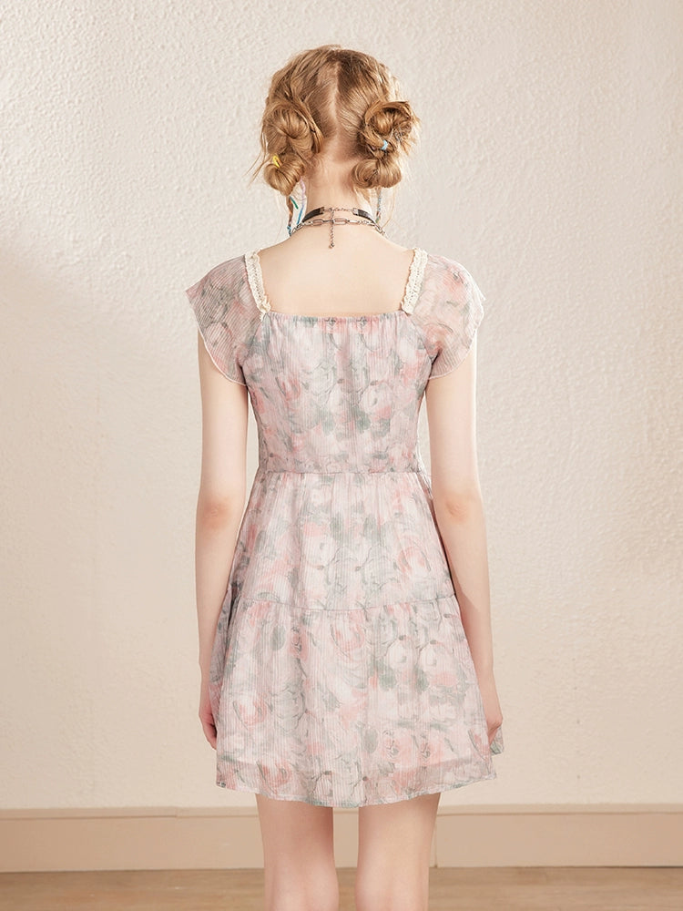 Pink Floral U-neck Lace Trim Dress