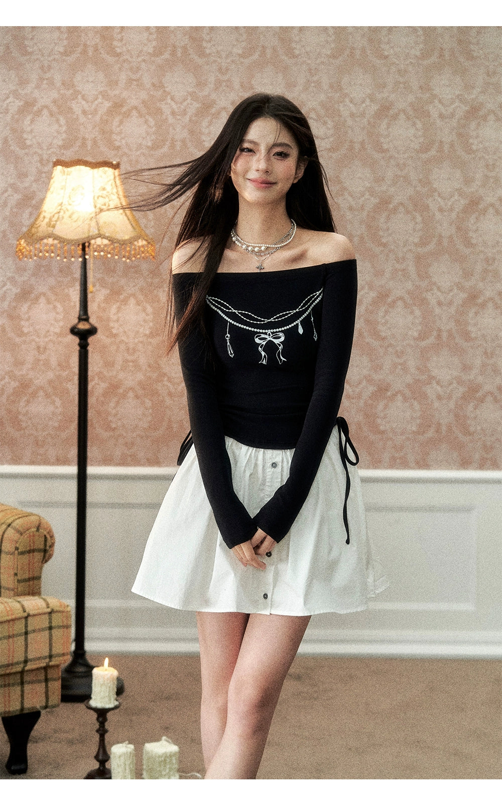 Black  One-Shoulder Pearl Chain Printed Dress - CHINASQUAD