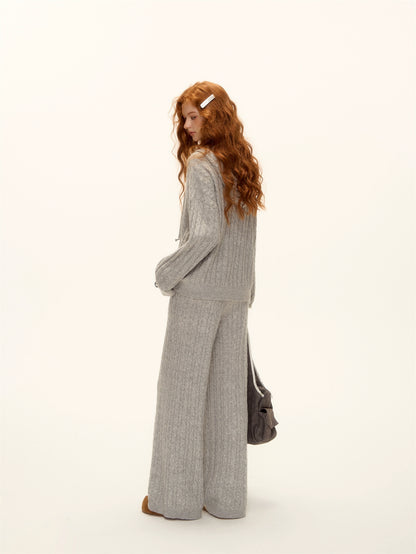 Wool Blend Cable-Knit Hoodie &amp; Wide-Leg Pants Set