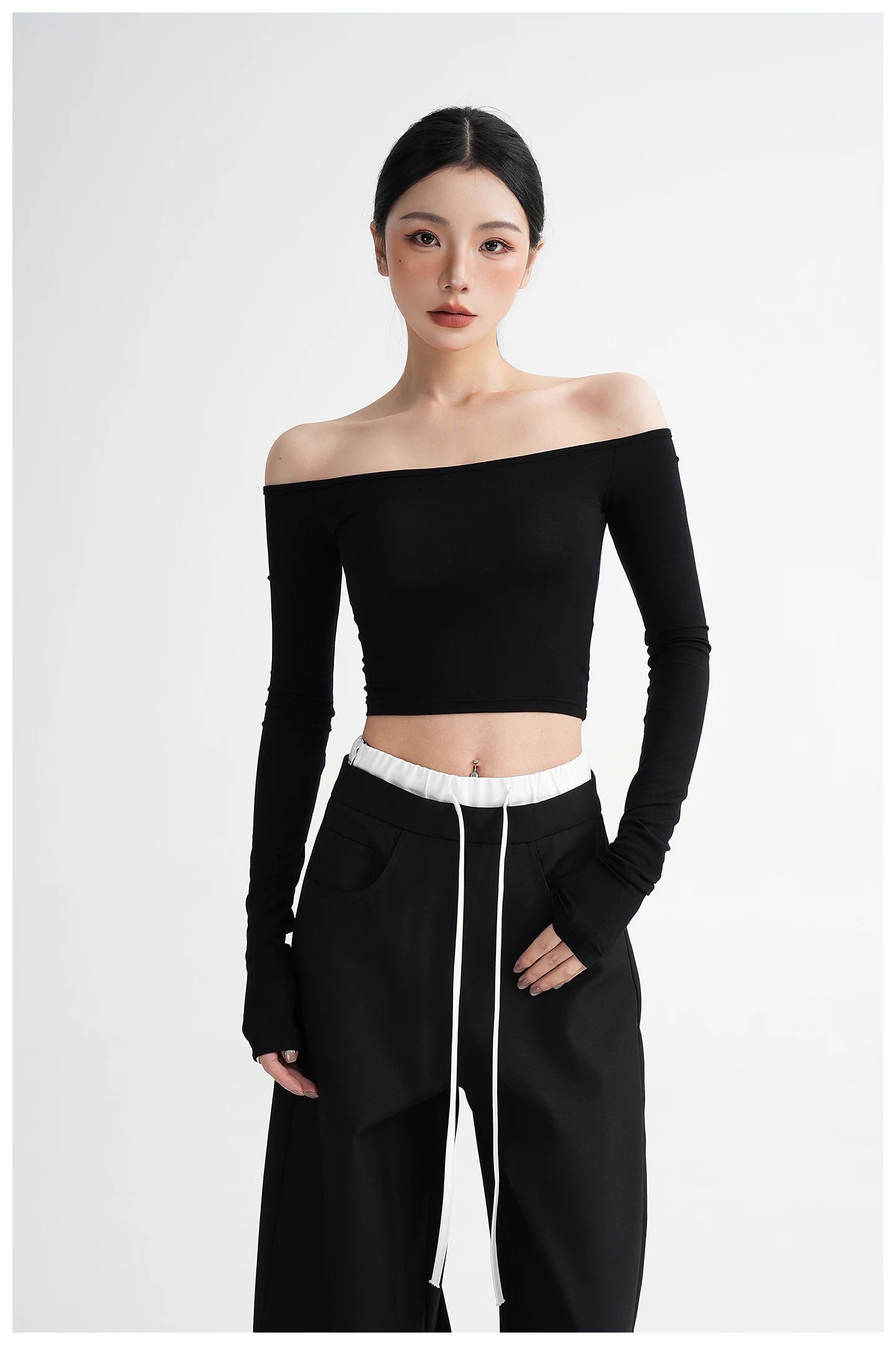 Off-Shoulder Cropped Fitted Long Sleeve T-Shirt
