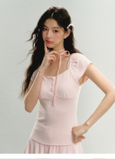 Pink Square Neck Short Sleeve T-shirt & Cardigan Set - CHINASQUAD