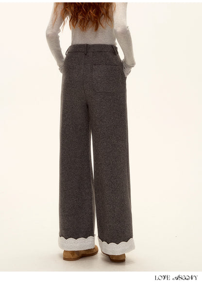 Embroidered Hem Wool Blend Wide-Leg Trousers