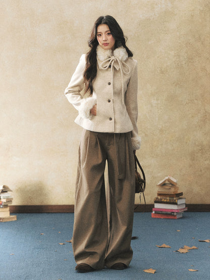 Khaki Fluid Wide-Leg Pleated Trousers