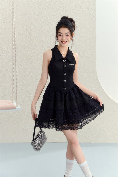 Lace Patchwork Sleeveless Puffy Dress - CHINASQUAD