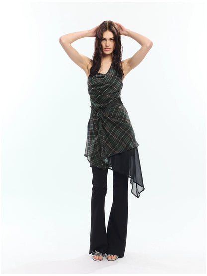 Deconstructed Vintage Check Halter Midi Dress