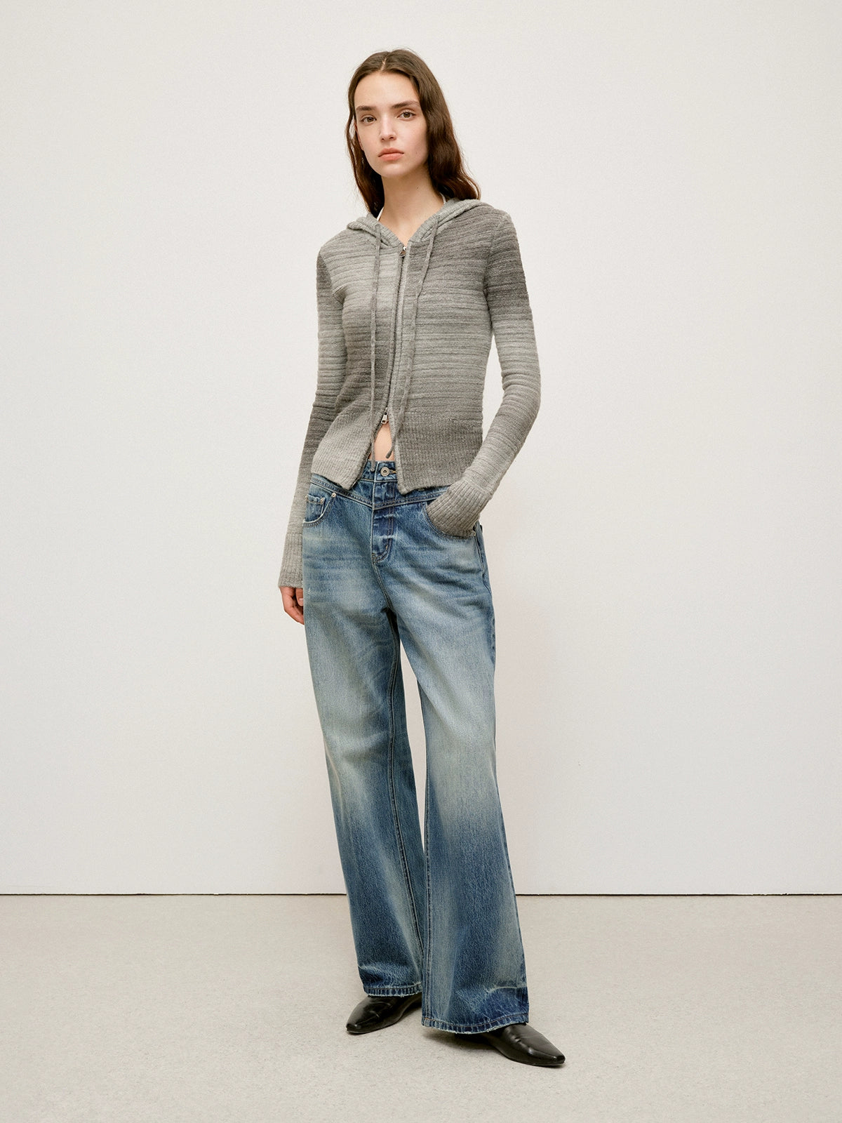 Ombre Wool Blend Double-Zip Hooded Cardigan