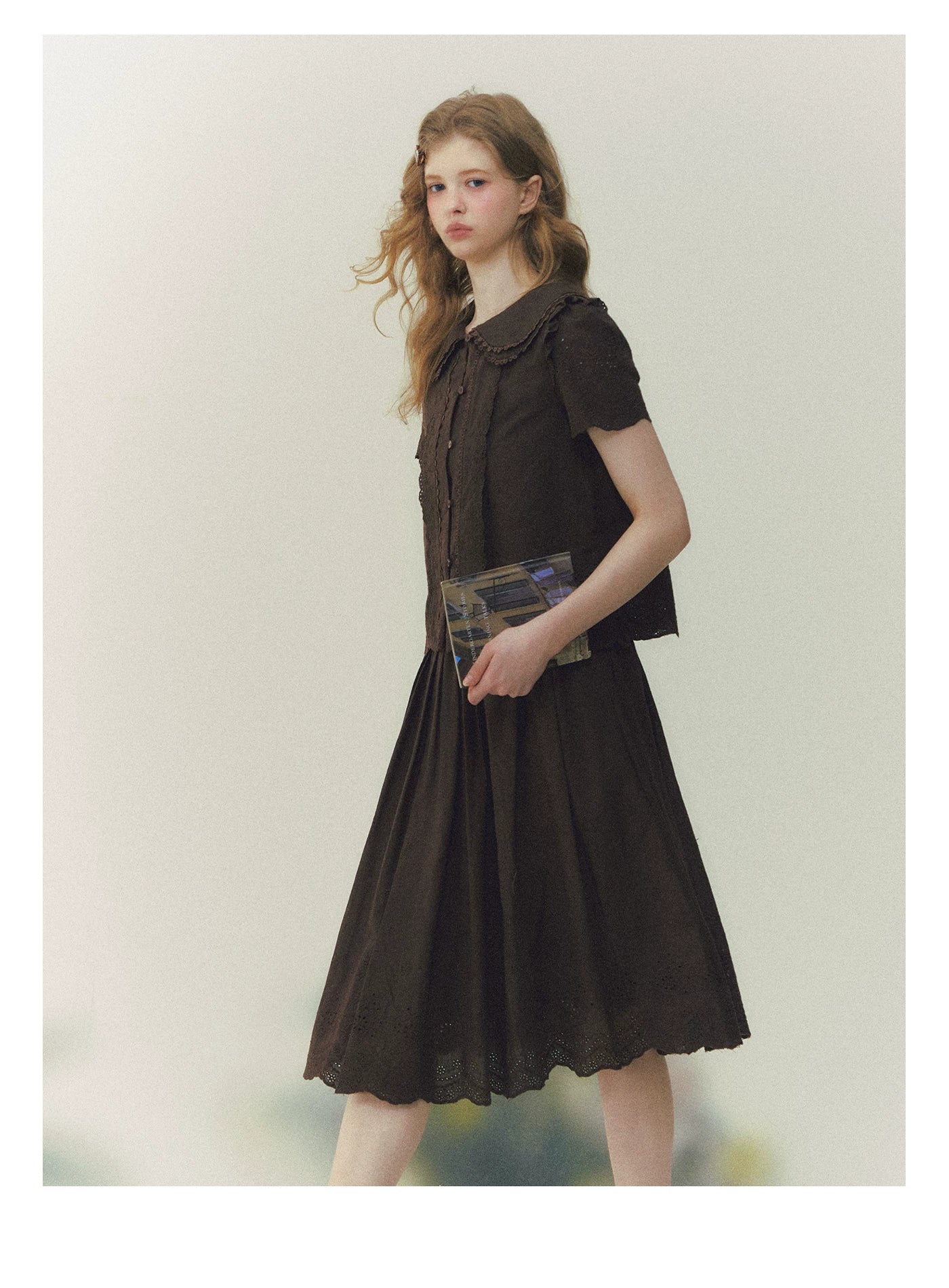 Peter Pan Collar Shirt &amp; Midi Skirt Set