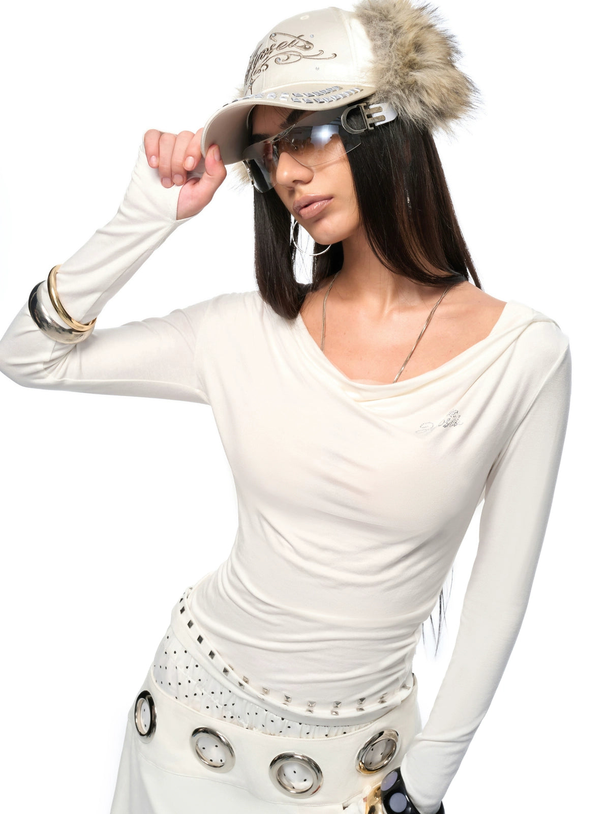Long-Sleeve Studded Rhinestone Fitted T-Shirt