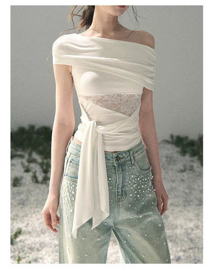 Off-Shoulder Lace Tie Top
