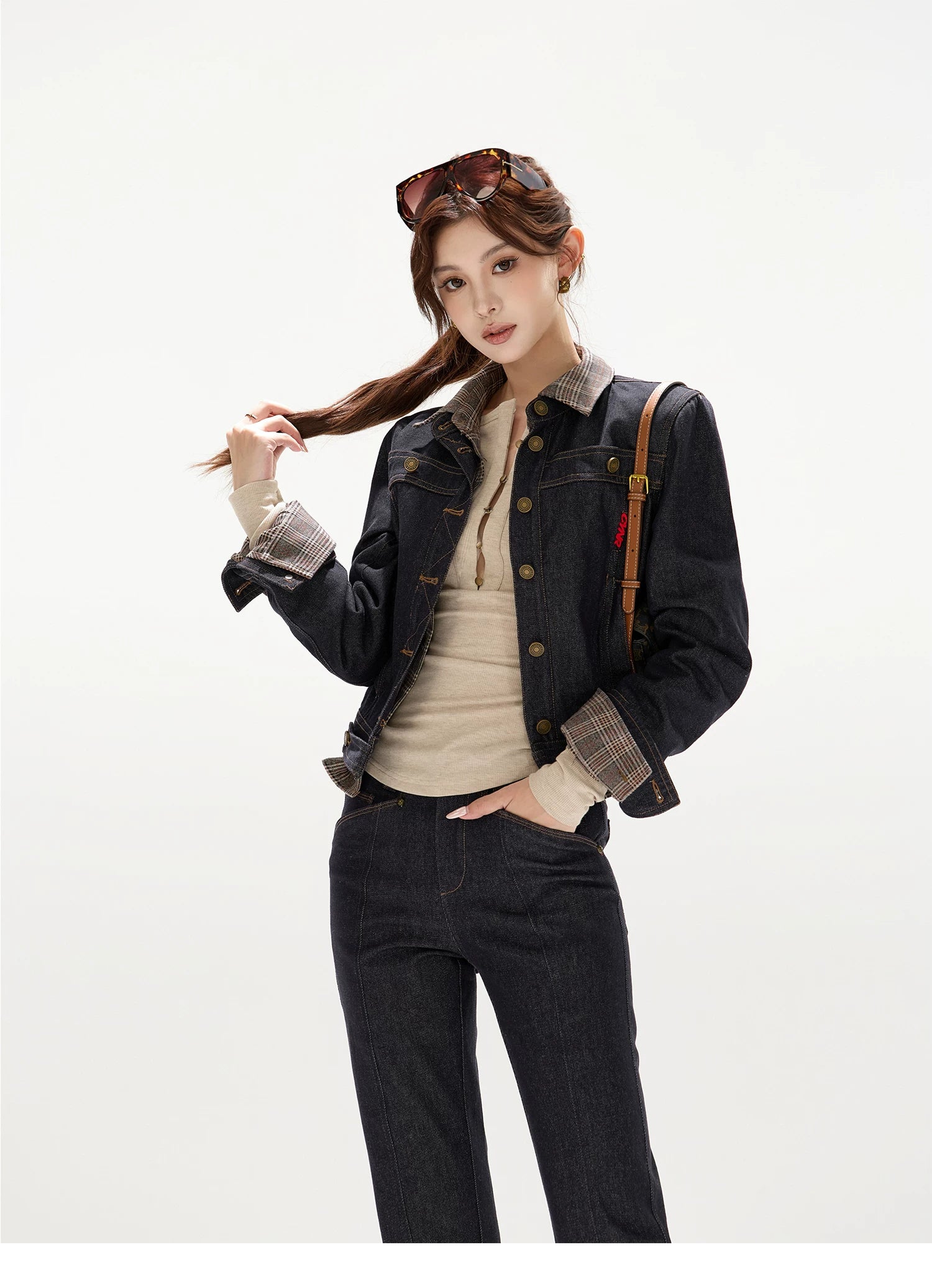 Plaid Mid-Rise Flared Wide-Leg Jeans