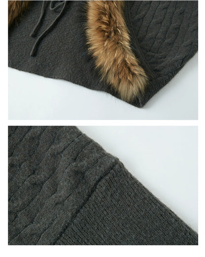 Tie-Detail Batwing Faux Fur Collar Sweater