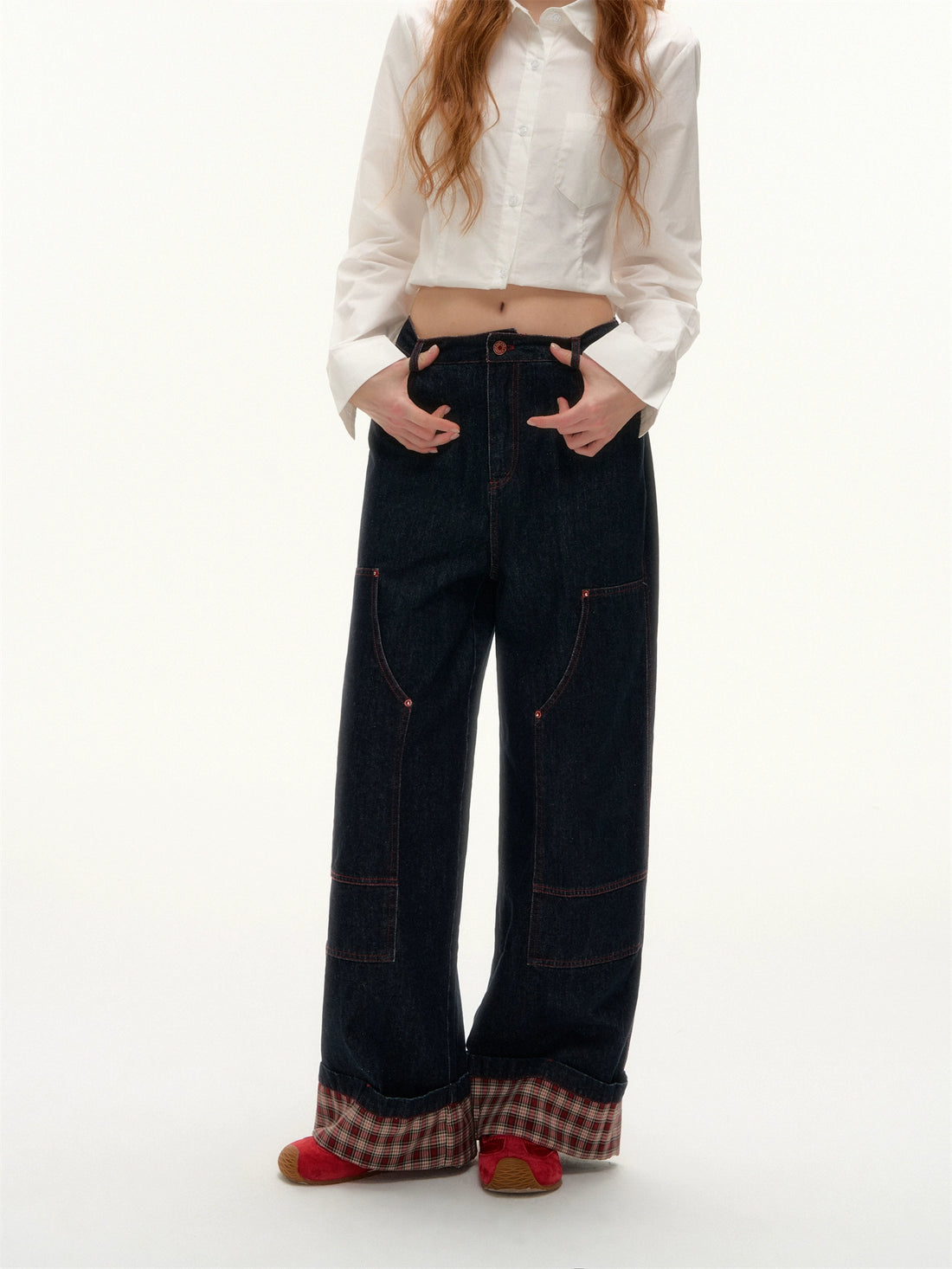 Plaid Cuff Wide-Leg Jeans