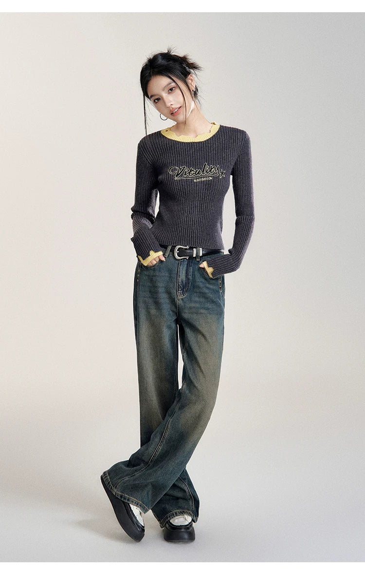 Gray Contrast Color Layered Knit Top