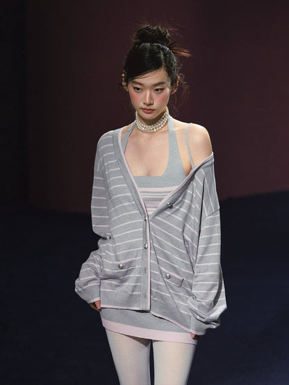Striped Contrast Cardigan &amp; Tank Dress Set - CHINASQUAD