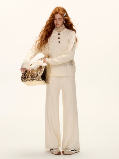 Wool Blend Cable Knit Hoodie &amp; Wide-Leg Pants Set