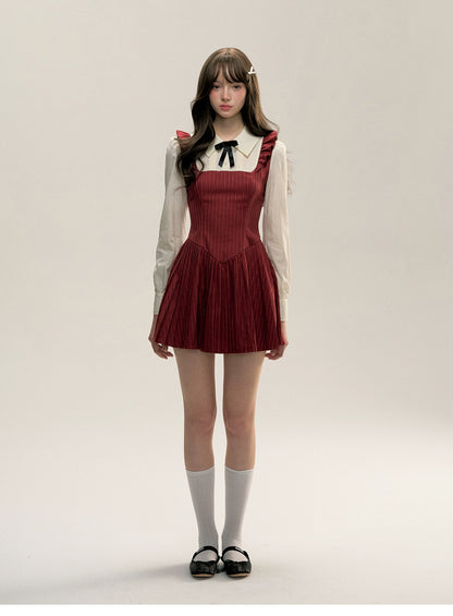 Red &amp; Grey Fitted Long-sleeve Shirt Collar Dress