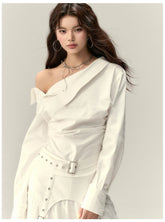 Off-Shoulder Pleated Waist Belt Short Shirt - CHINASQUAD