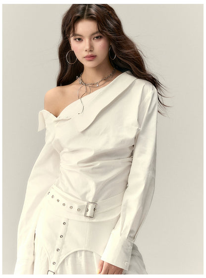 Off-Shoulder Pleated Waist Belt Short Shirt - CHINASQUAD