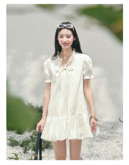 Soft Pleated Puff-Sleeve Mini Dress