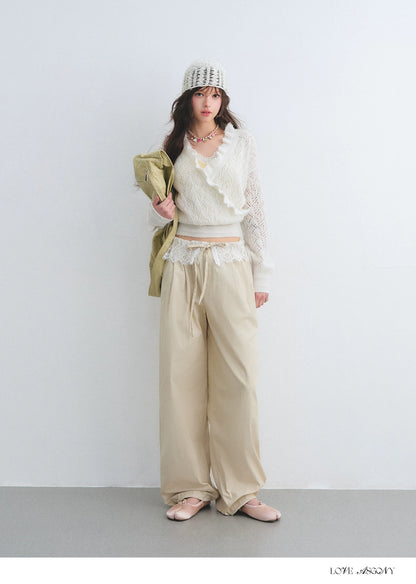 Ruffled Wool-Blend Mohair Openwork Knit Cardigan