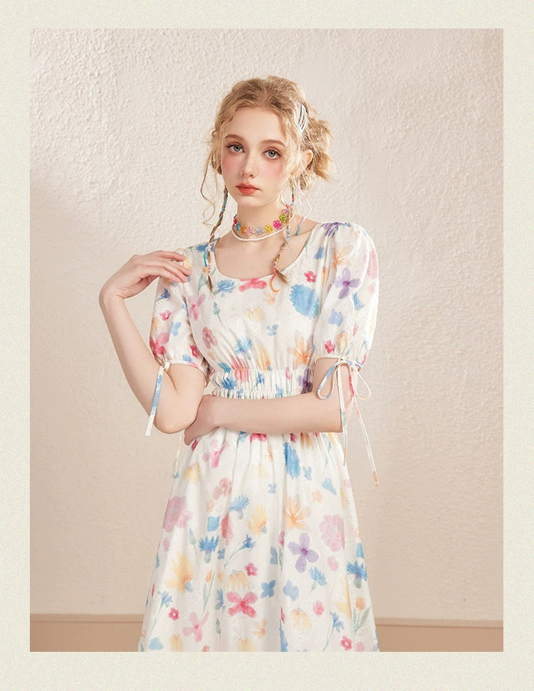 White Floral Puff Sleeve Round Neck Dress