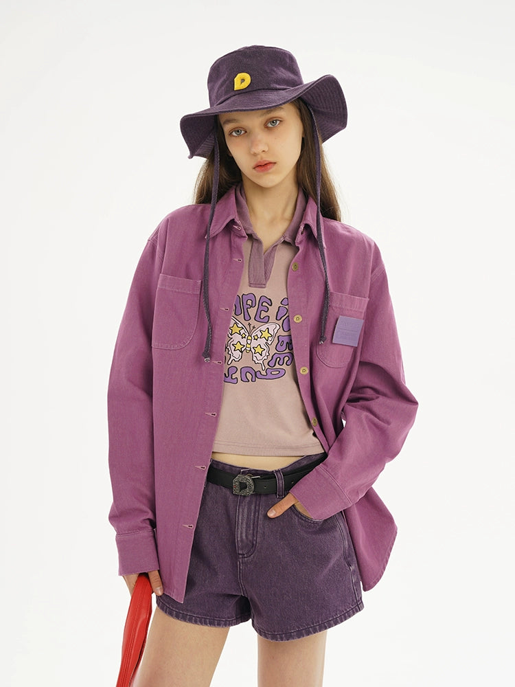 Purple &amp; Green Metal Button Pocket Denim Shirt - CHINASQUAD