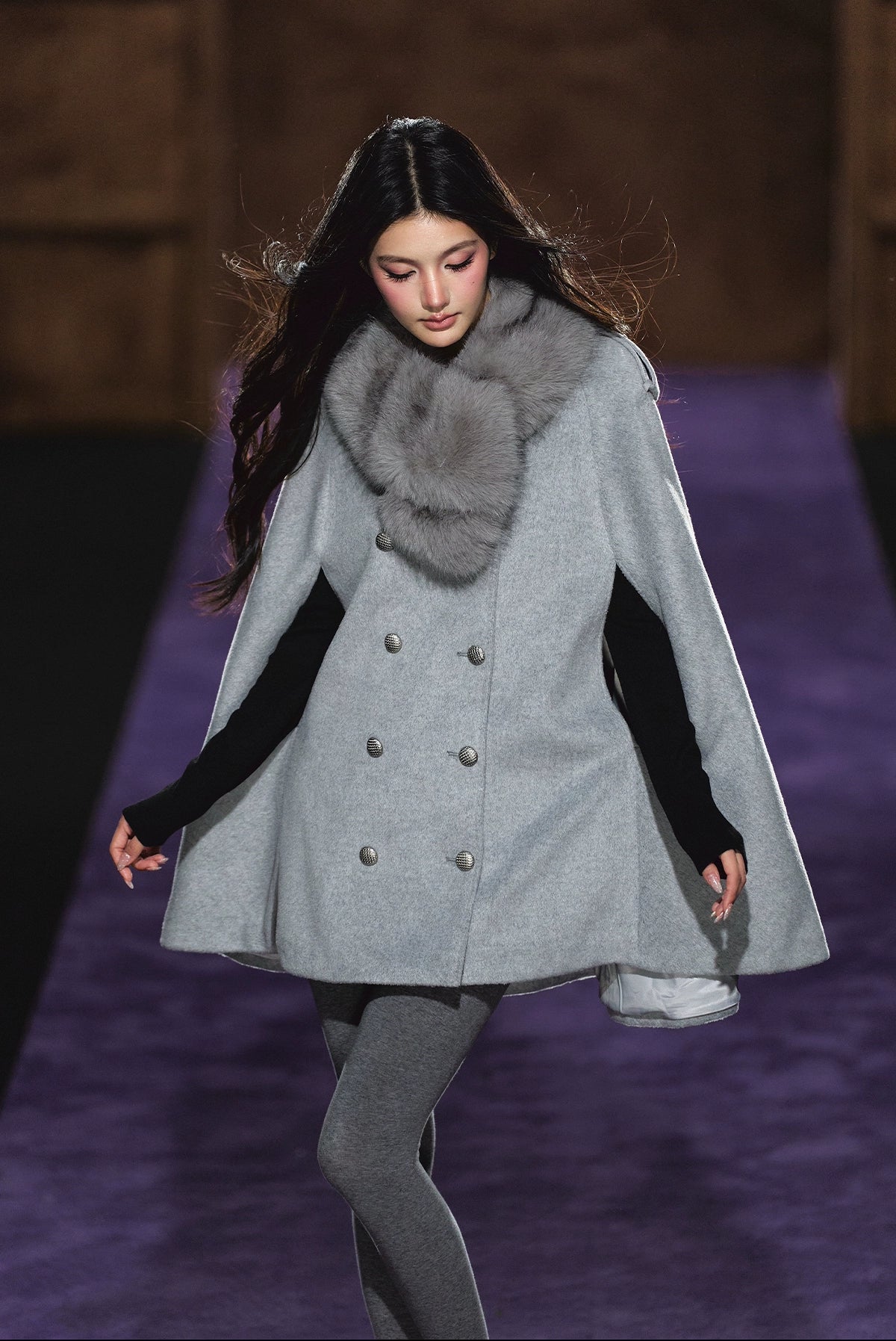 Wool-Blend Detachable Fur-Collar Cape Coat