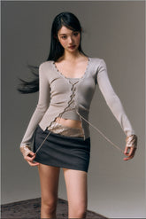 Gray Lace Up Cardigan & Tank Top Set - CHINASQUAD