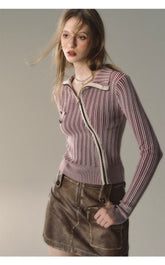 Mocha & Red Zipper Striped Turtleneck - CHINASQUAD