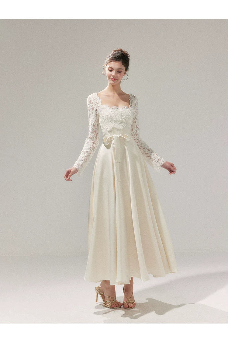 Lace Cinched-Waist Full-Skirt Evening Dress