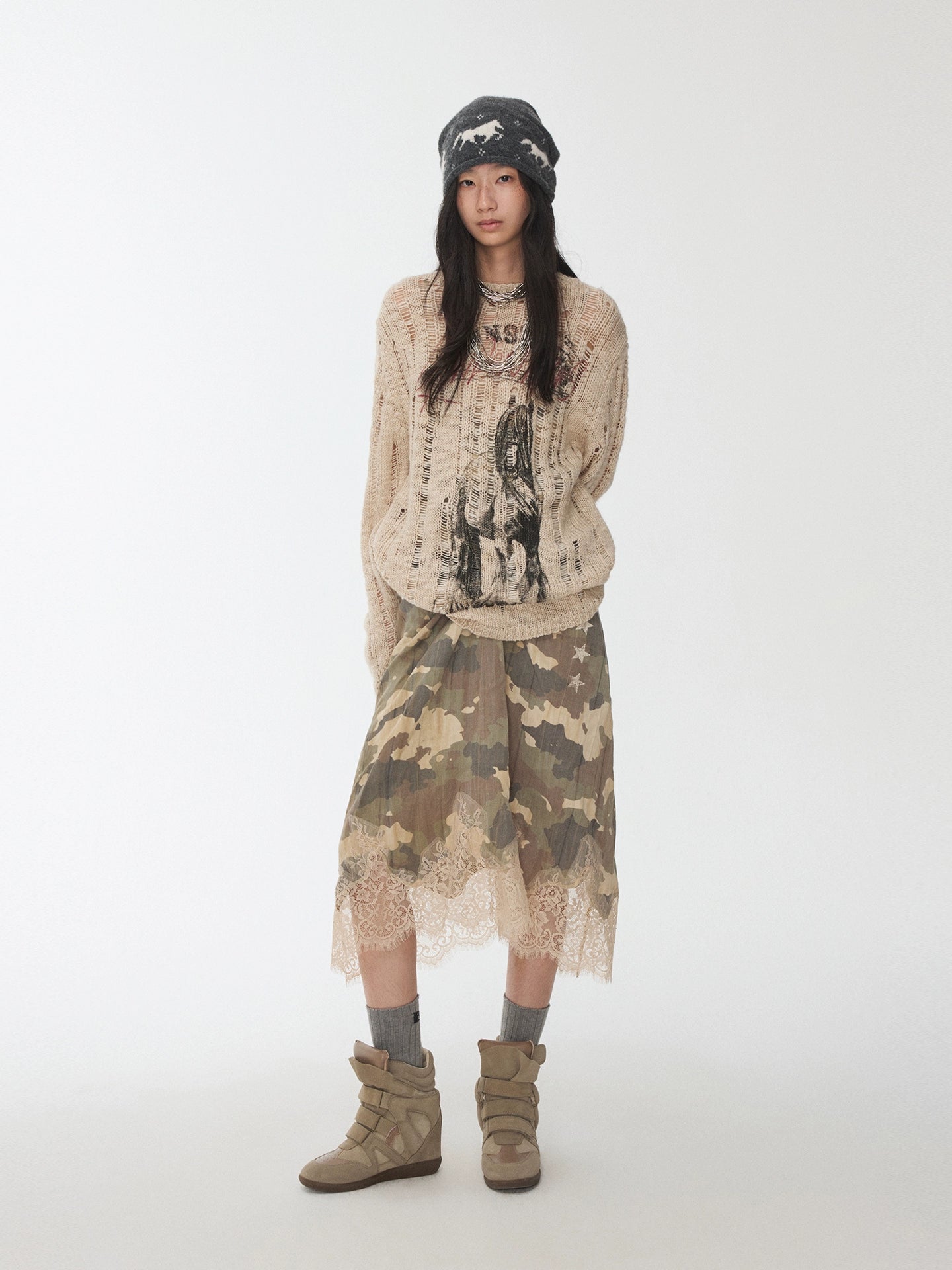 Icelandic Animal Pattern Open-Knit Sweater