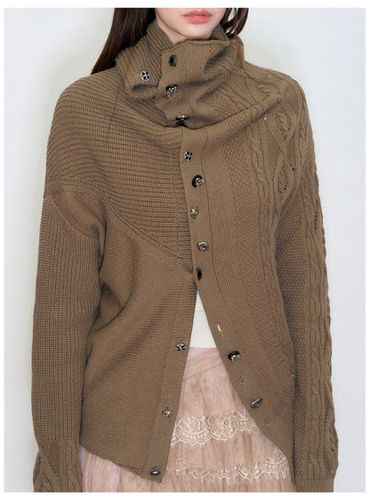 Oversized Collar Asymmetric Knit Sweater Jacket