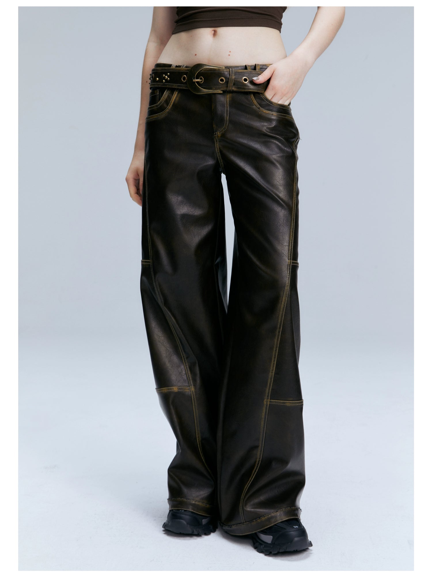 Brown PU Straight-Leg Pants