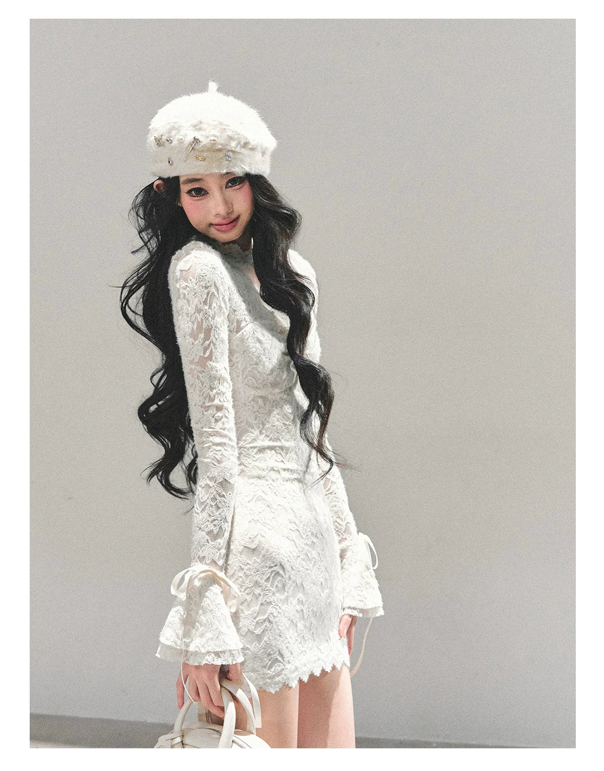 Lace Mesh Long-Sleeve Mini Dress